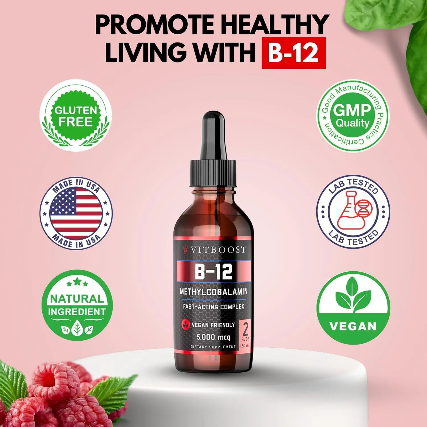 Vitboost Vegan Liquid B-12 60 Gotas 5000mcg Energía Sin Gluten - Imagen 4