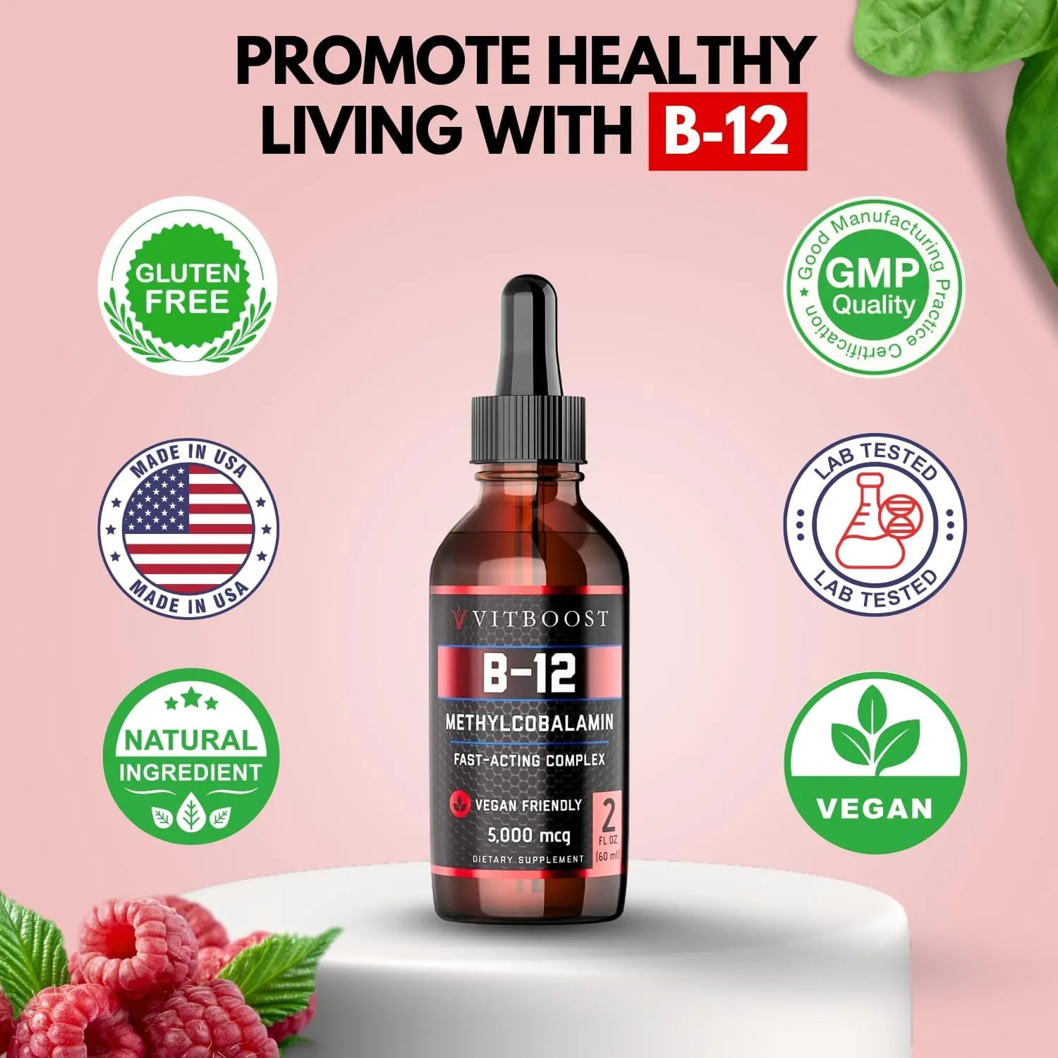 Vitboost Vegan Liquid B-12 60 Gotas 5000mcg Energía Sin Gluten - Imagen 4