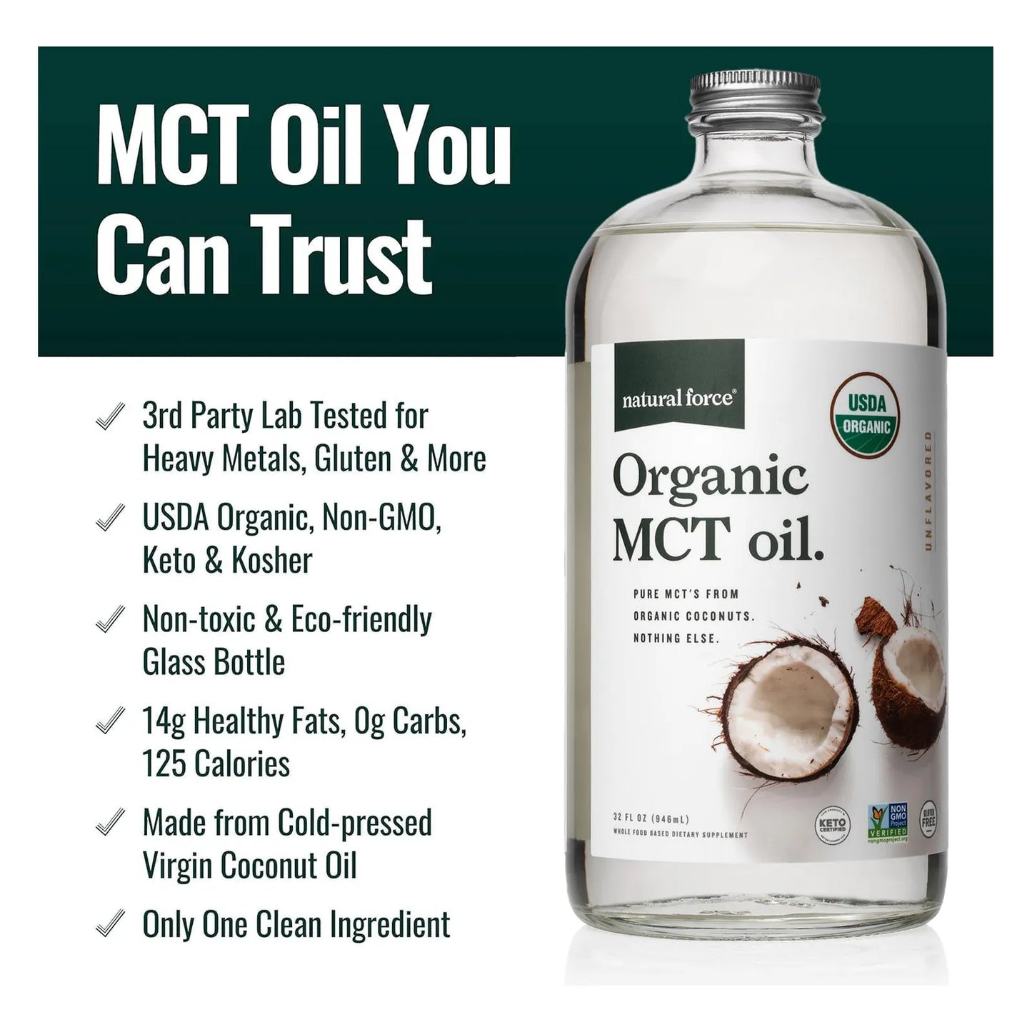 Aceite MCT Orgánico Natural Force Prensado En Frío 946 Ml Energía Keto Y Paleo