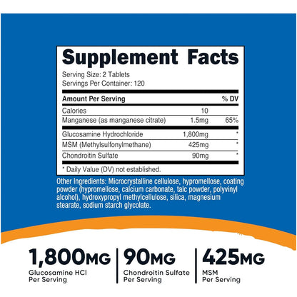 Glucosamina 1800 Mg Con Condroitina Y Msm 240 Tabletas Nutricost