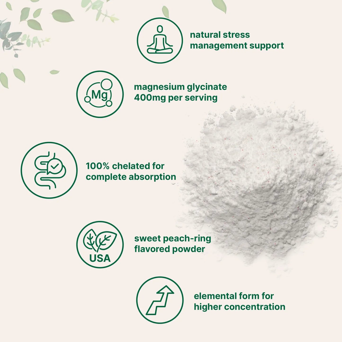 Glicinato De Magnesio 400 Mg Polvo Sabor Melocotón 340 Gramos Alta Absorción