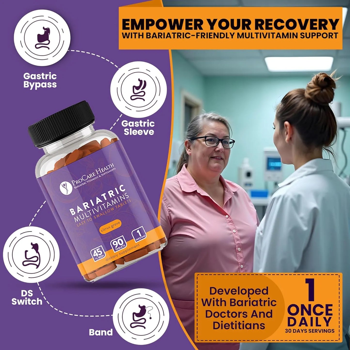 Multivitamínico Bariátrico Con Hierro 45 Mg 90 Tabletas Fáciles De Tragar
