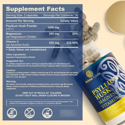 Capsulas De Cascara De Psyllium 1000mg Con Citrato De Magnesio Y Vitamina C Salud Digestiva