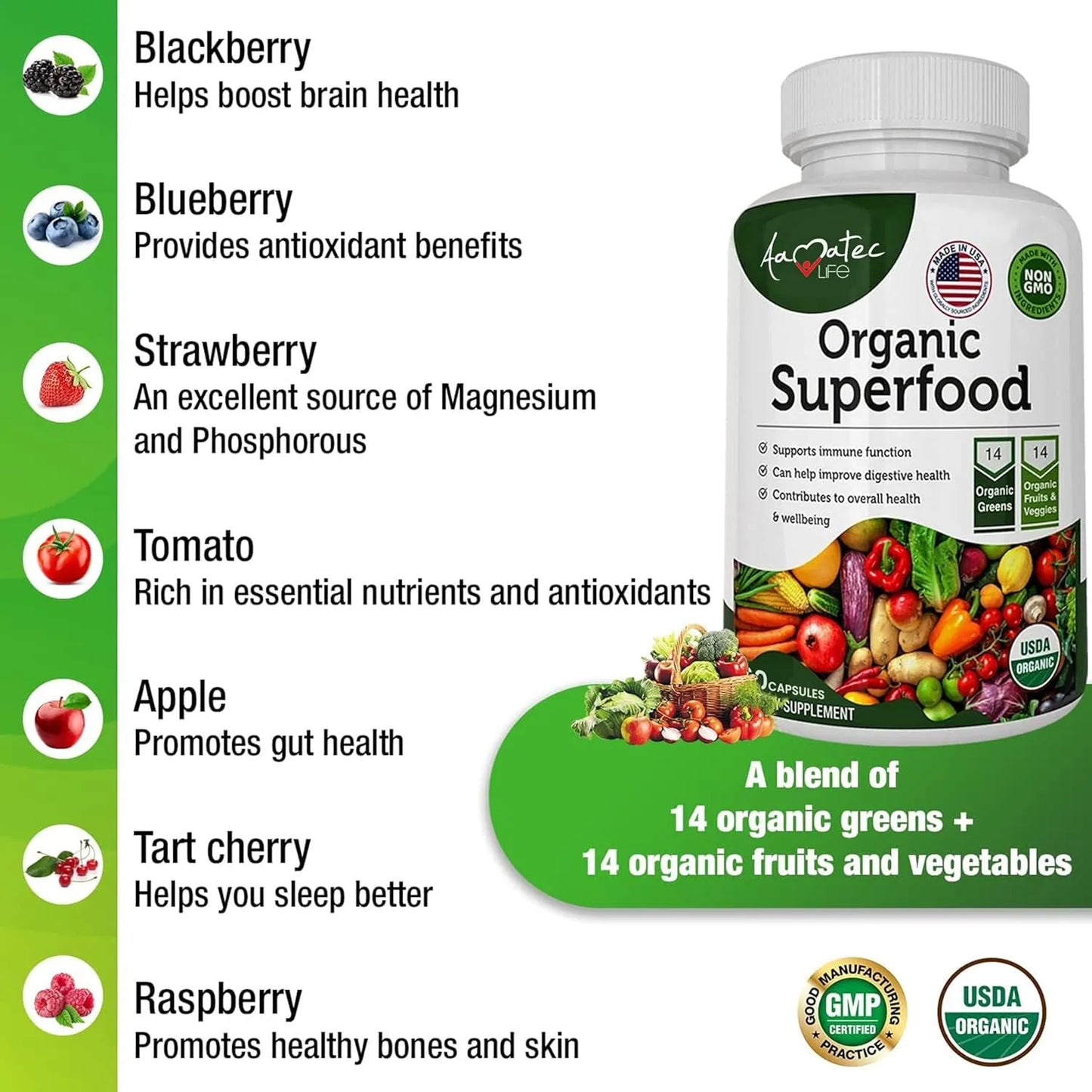 Verde Orgánico Superfood Complejo Frutas Verduras 14 Variedades Suplemento Dietético