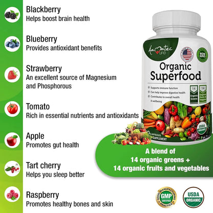 Verde Orgánico Superfood Complejo Frutas Verduras 14 Variedades Suplemento Dietético