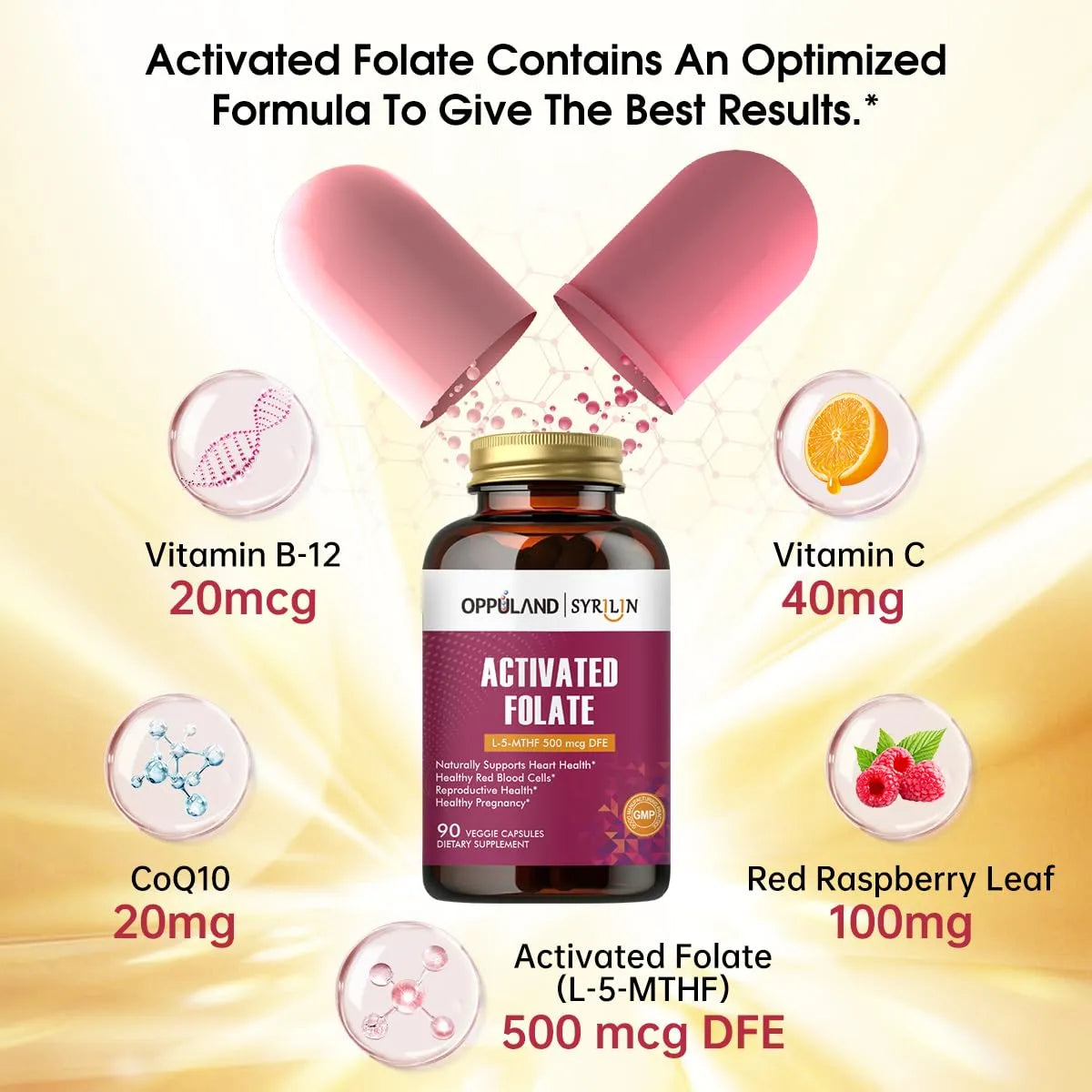 Folato L 5 MTHF 500 Mcg Dfe Suplemento Salud Corazón 90 Cápsulas