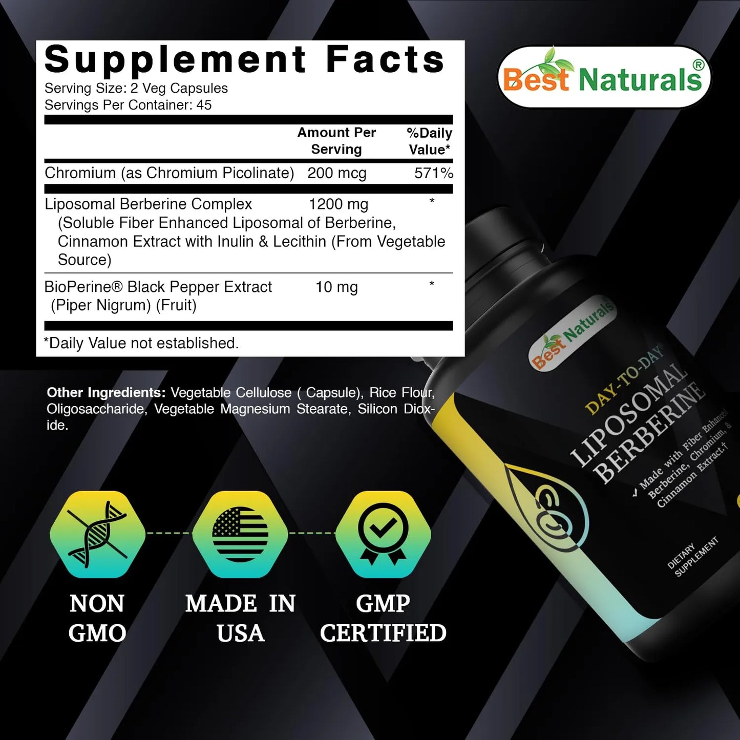 Berberina Liposomal 1200 Mg Con Bioperine Y Fibra 90 Cápsulas Veganas