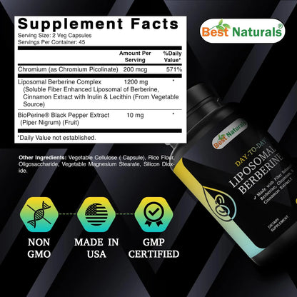 Berberina Liposomal 1200 Mg Con Bioperine Y Fibra 90 Cápsulas Veganas