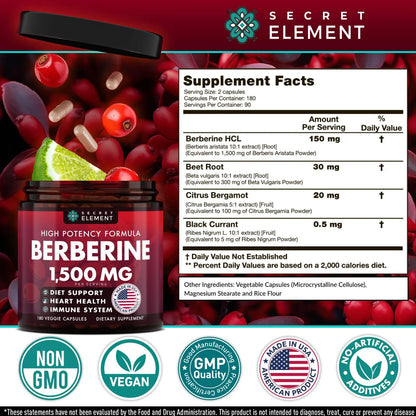 Berberina HCL 1500 Mg Capsulas Veganas Alta Potencia Con Raiz De Remolacha Y Bergamota