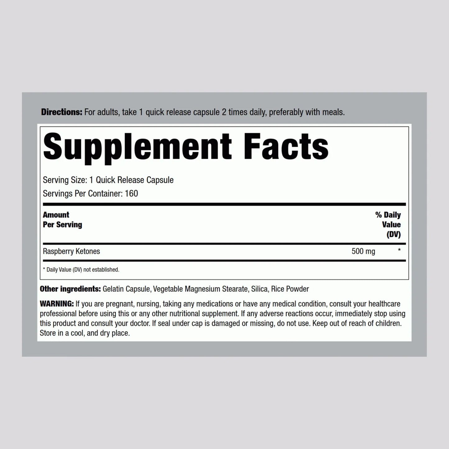 Cetonas De Frambuesa 500 Mg 160 Cápsulas Suplemento Natural Sin OMG Y Sin Gluten