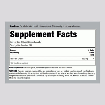 Cetonas De Frambuesa 500 Mg 160 Cápsulas Suplemento Natural Sin OMG Y Sin Gluten