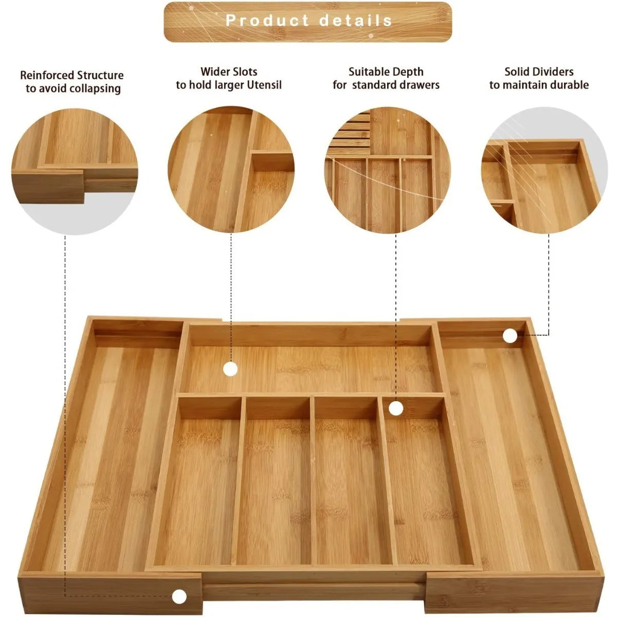 Cajon Organizador De Cubiertos De Bambu Expandible Para Cocina Multiusos