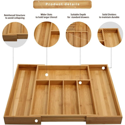 Cajon Organizador De Cubiertos De Bambu Expandible Para Cocina Multiusos