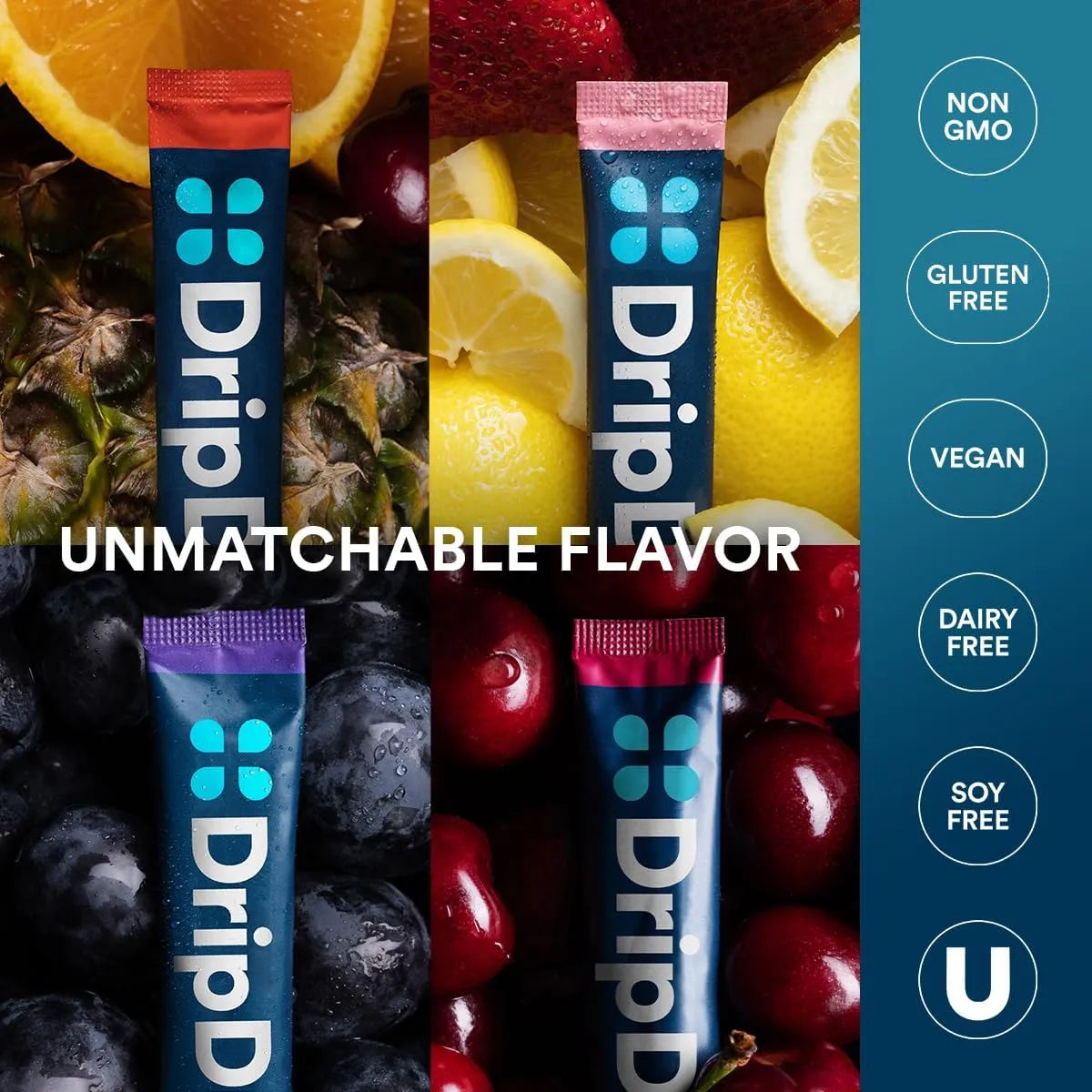 Electrolitos En Polvo DripDrop ORS Sabor Uva Ponche Frutas Limonada Fresa Cereza 32 Unidades