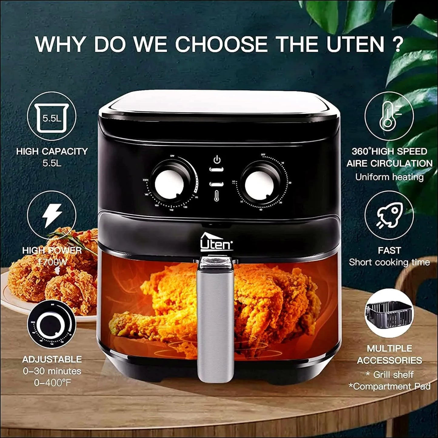 Freidora De Aire Uten 5.5L Cocina Saludable Sin Aceite Multifuncional