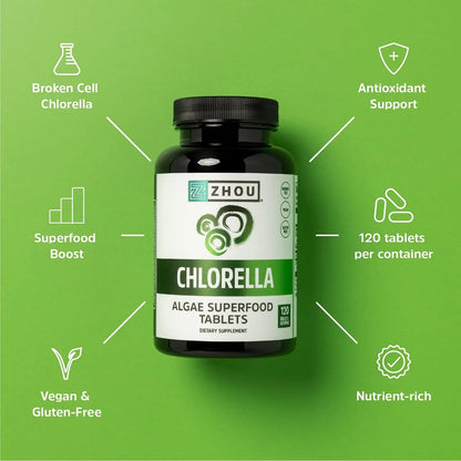 Tabletas De Chlorella Broken Cell Superalimento 120 Unidades Suplemento Vegano Sin Gluten