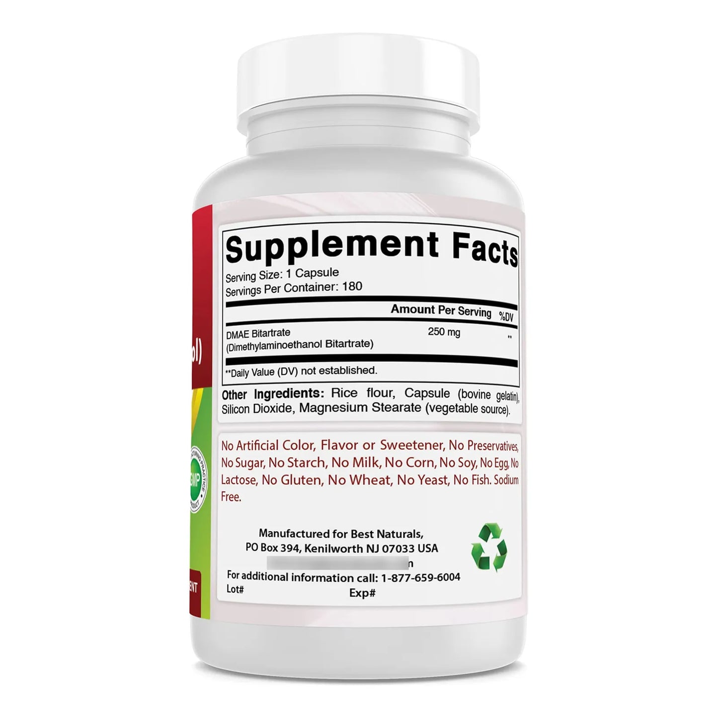Dmae 250 Mg 180 Cápsulas Bitartrato De Dimetilaminoetanol Suplemento Premium