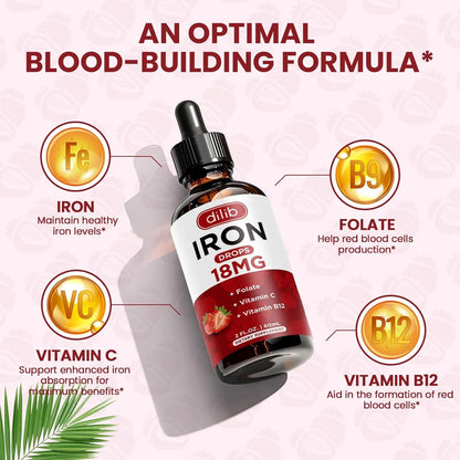 Suplemento De Hierro Liquido Con Vitamina C B12 Y Folato Sabor Fresa 4 Oz