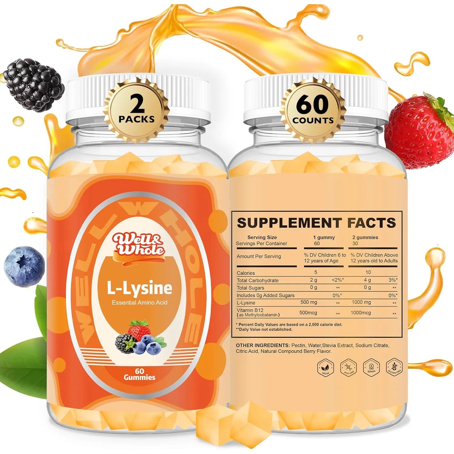 Gomitas De L-lisina 1000mg Y Vitamina B12 1000mcg Veganas Sin Gluten