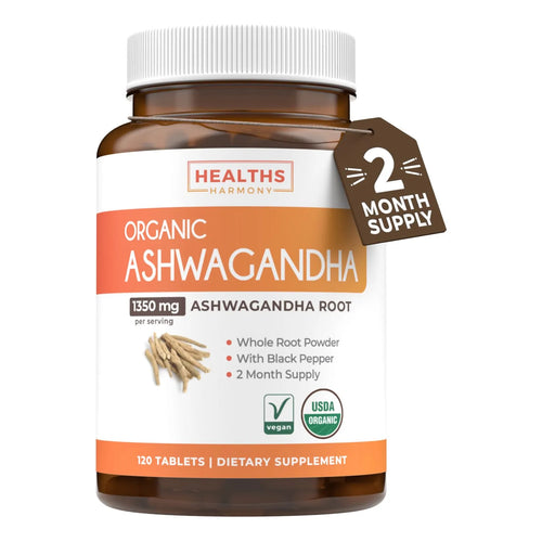 Ashwagandha Orgánica 1350 Mg Con Pimienta Negra 120 Tabletas Soporte Suprarrenal y Tiroides