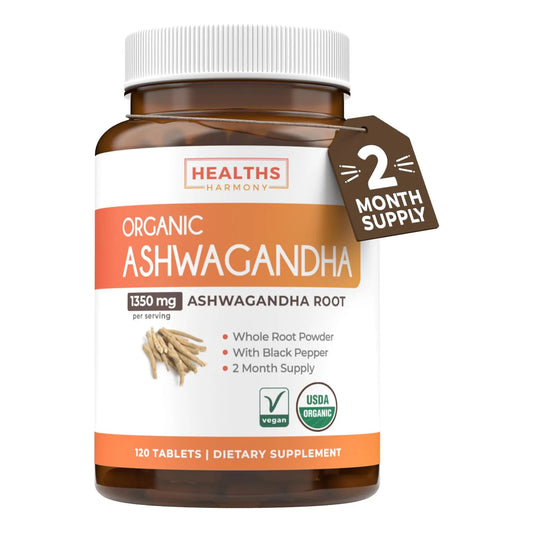 Ashwagandha Orgánica 1350 Mg Con Pimienta Negra 120 Tabletas Soporte Suprarrenal y Tiroides