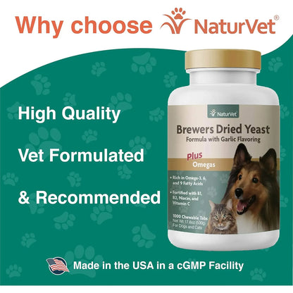 NaturVet Levadura Seca Cerveza Sabor Ajo Con Omegas 1000 Tabletas Masticables Para Perros Y Gatos