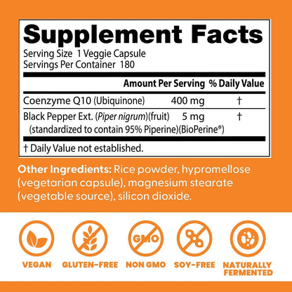 Doctor's Best CoQ10 Alta Absorción 400 Mg Con Bioperine 180 Cápsulas Vegano