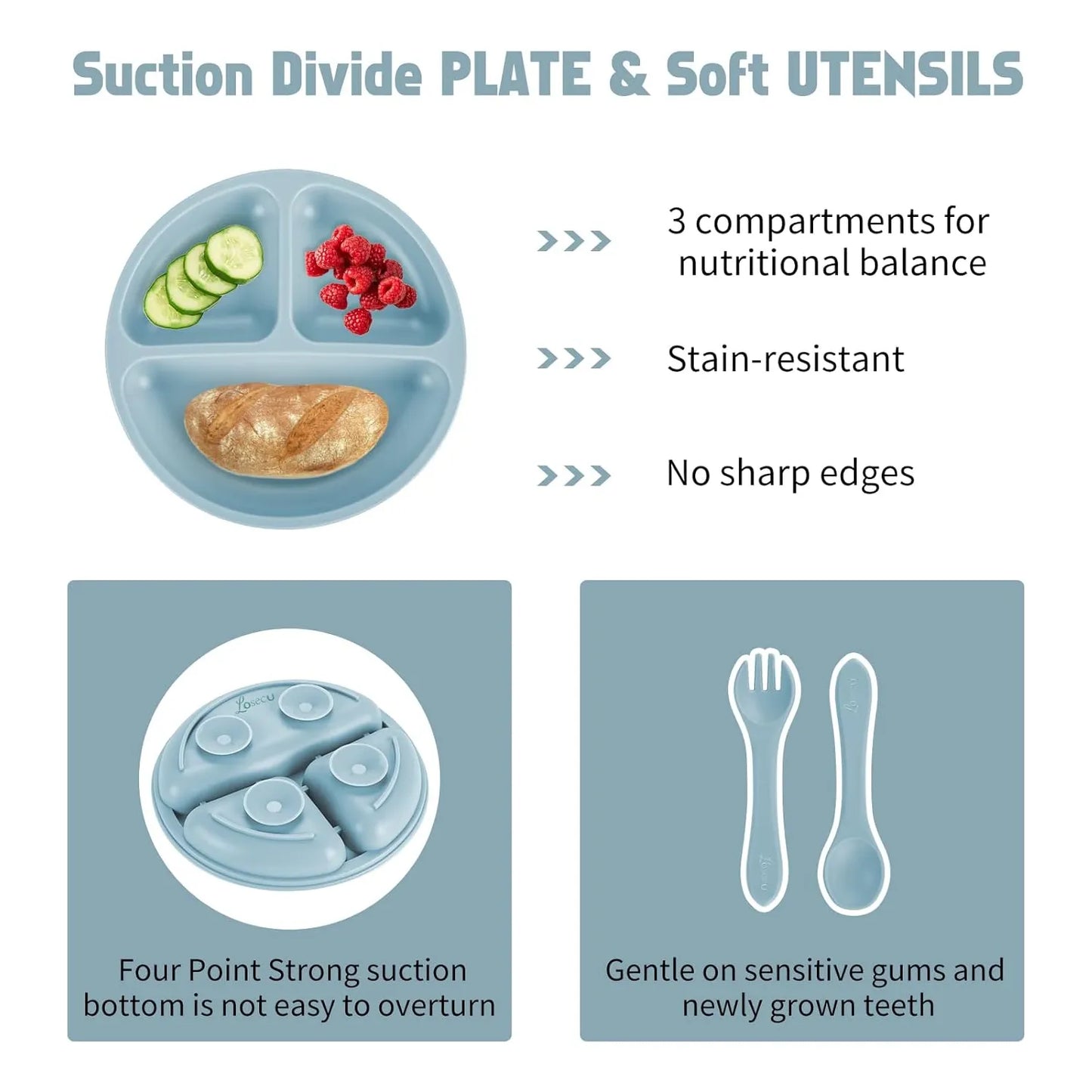 Juego De Alimentacion Bebe Silicona 6 Piezas Plato Babero Cuchara Sin Bpa