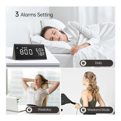 Reloj Despertador Digital Con Pantalla Led Madera 3 Alarmas Temperatura Humedad