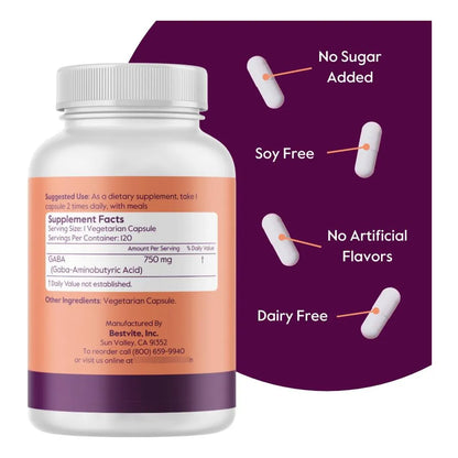 Gaba 750Mg Capsulas 240 Unidades Vegano Sin Gluten Sin Omg