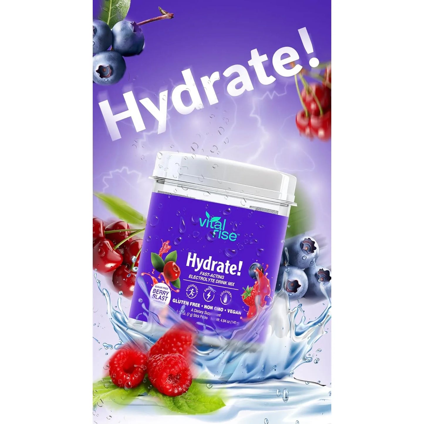 Vital Rise Hydrate Berry Blast Polvo Electrolitos Bajo Sodio 20 Sobres