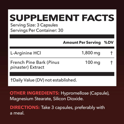 Suplemento De Óxido Nítrico 2X 1800 Mg LArginina 100 Mg Corteza De Pino 90 Cápsulas