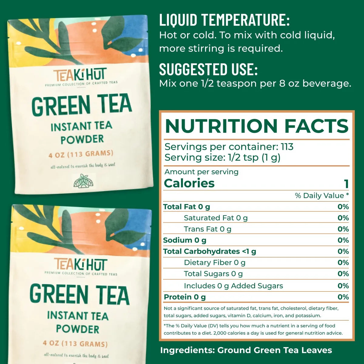 Polvo De Té Verde Instantáneo 113 Gramos Bebida Natural Sin Azúcar Energizante