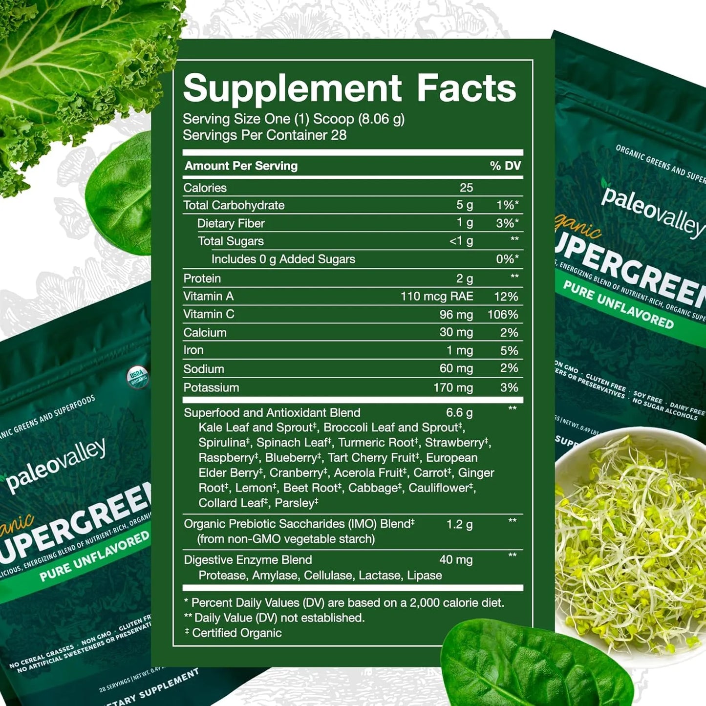 Polvo Orgánico Supergreens 23 Superalimentos Fibra Prebiótica Paleovalley Energía E Inmunidad