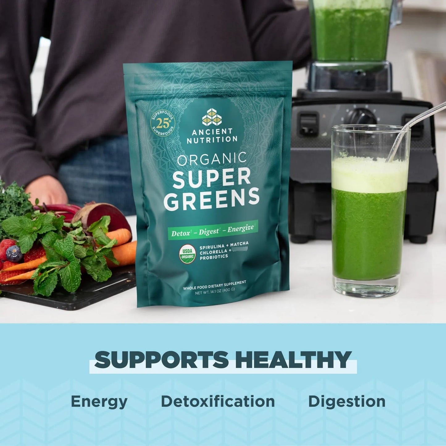 Super Greens Polvo Superalimento Orgánico Con Probióticos Espirulina Chlorella Matcha 14.1 Oz