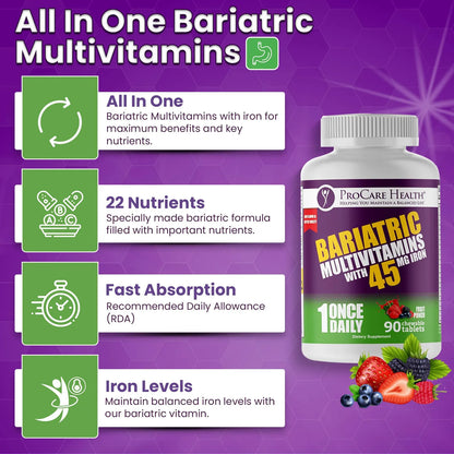Multivitamínico Bariátrico Masticable Con Hierro 45 Mg Sabor Ponche De Fruta 90 Tabletas