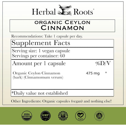 Capsulas Organicas De Canela De Ceilan Certificado Usda 60 U Herbal Roots