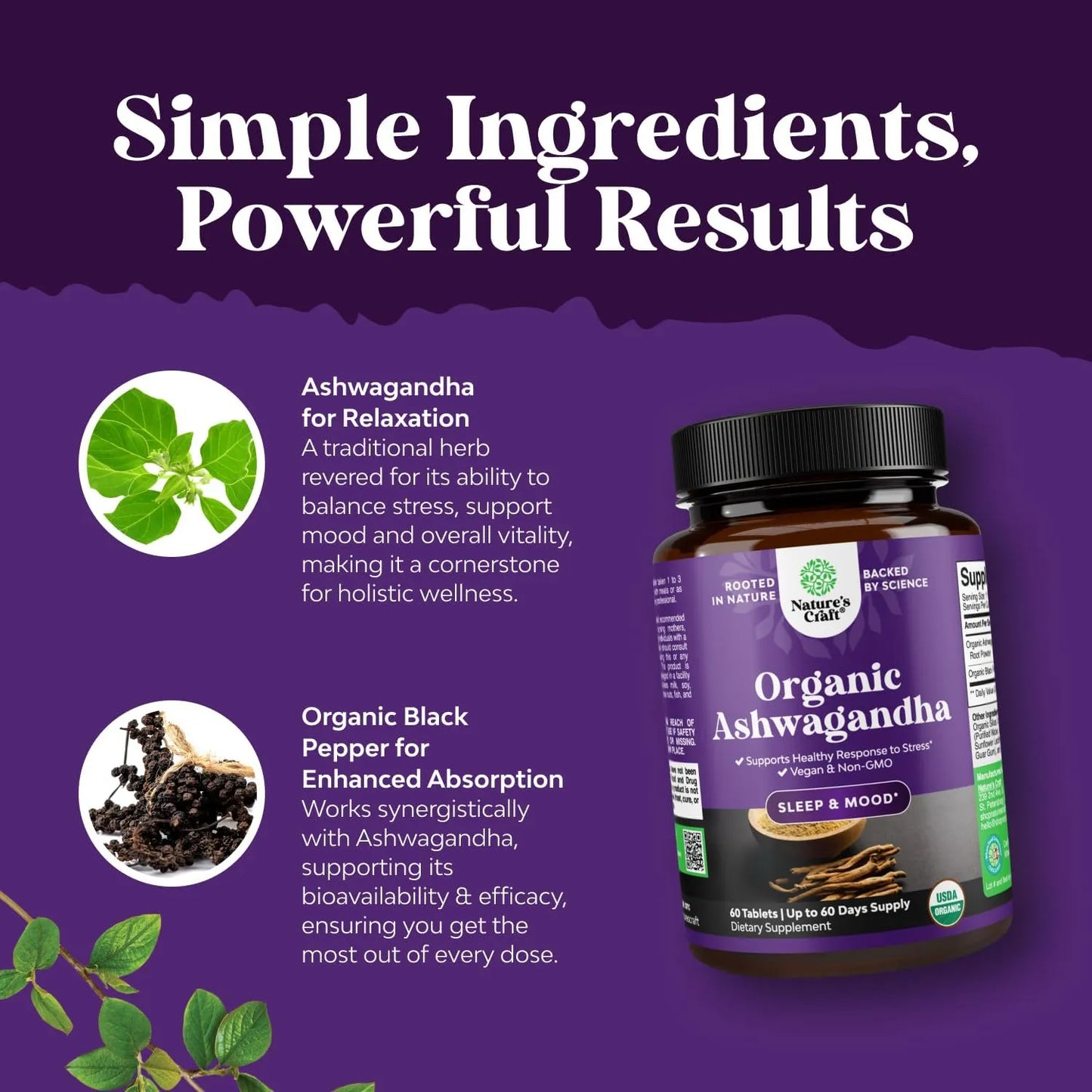 Ashwagandha Orgánica Con Pimienta Negra 60 Tabletas Soporte Anímico Y Energía