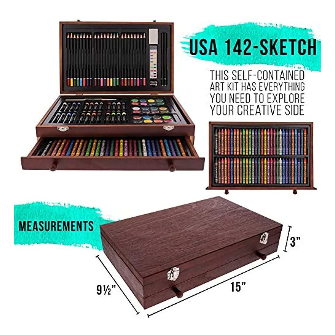 Set De Arte 162 Piezas Mega Caja Madera US Art Ideal Para Principiantes Y Profesionales