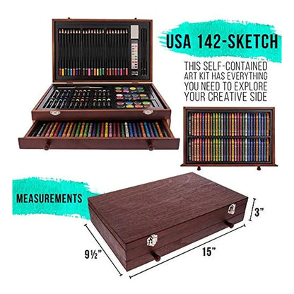 Set De Arte 162 Piezas Mega Caja Madera US Art Ideal Para Principiantes Y Profesionales