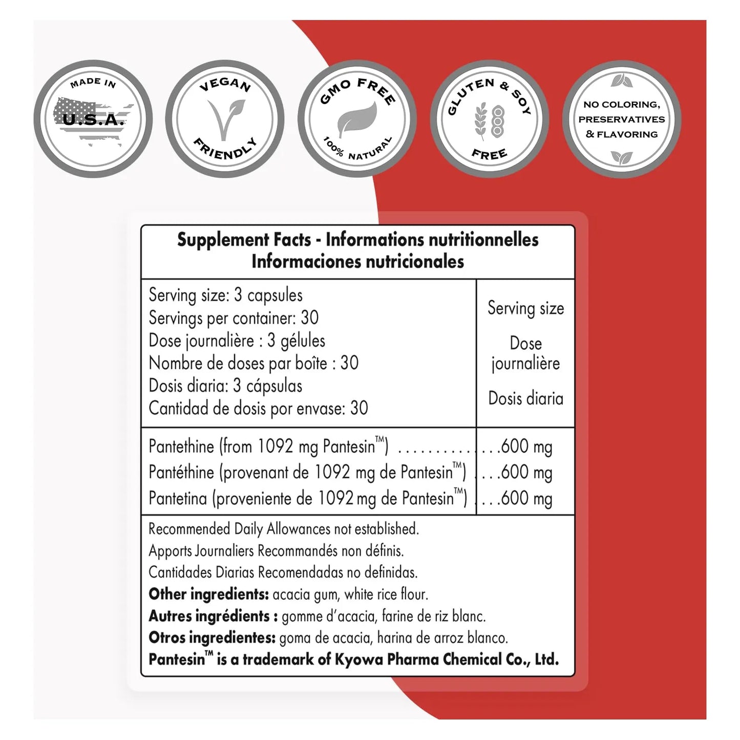 Pantesina Pantetina 600 Mg Suplemento Activo De Vitamina B5 90 Cápsulas Vegetarianas Sin Gluten