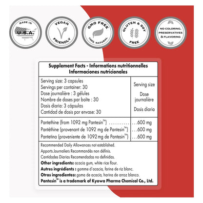 Pantesina Pantetina 600 Mg Suplemento Activo De Vitamina B5 90 Cápsulas Vegetarianas Sin Gluten