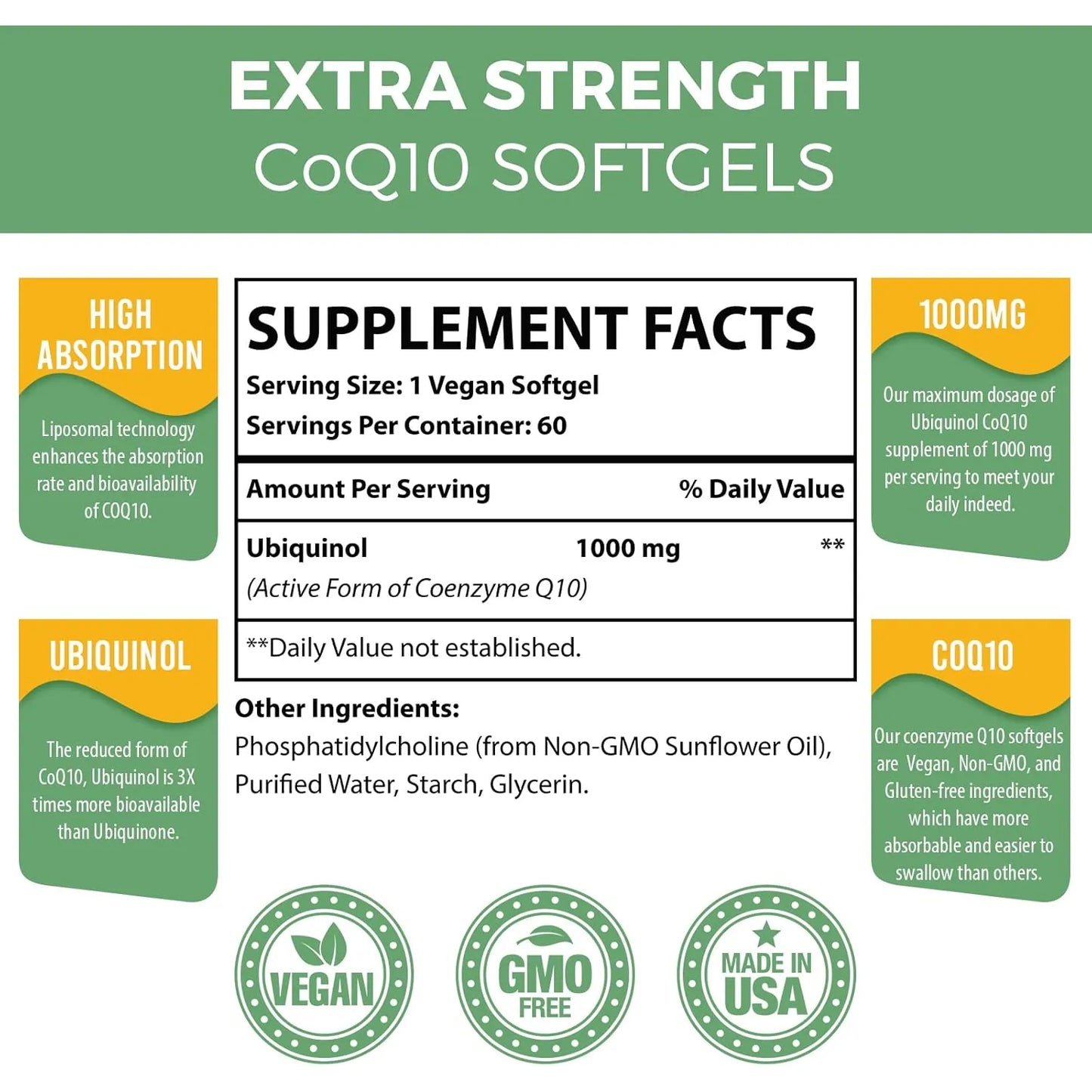 Capsulas Blandas Liposomales Coq10 1000 Mg Alta Absorcion Ubiquinol Vegano