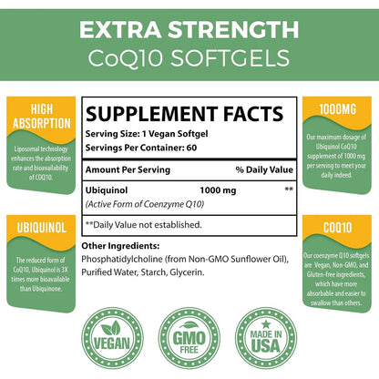 Capsulas Blandas Liposomales Coq10 1000 Mg Alta Absorcion Ubiquinol Vegano