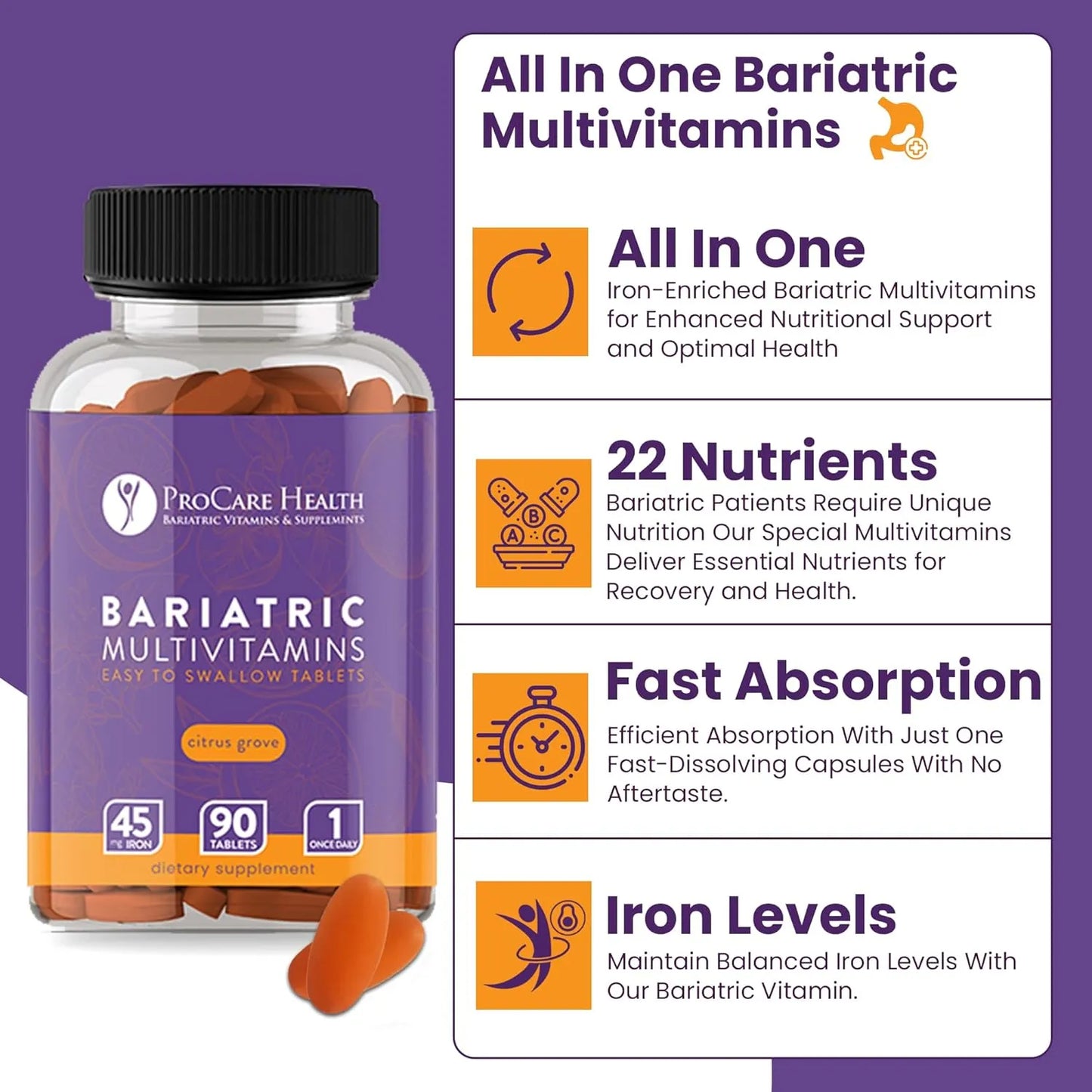 Multivitamínico Bariátrico Con Hierro 45 Mg 90 Tabletas Fáciles De Tragar