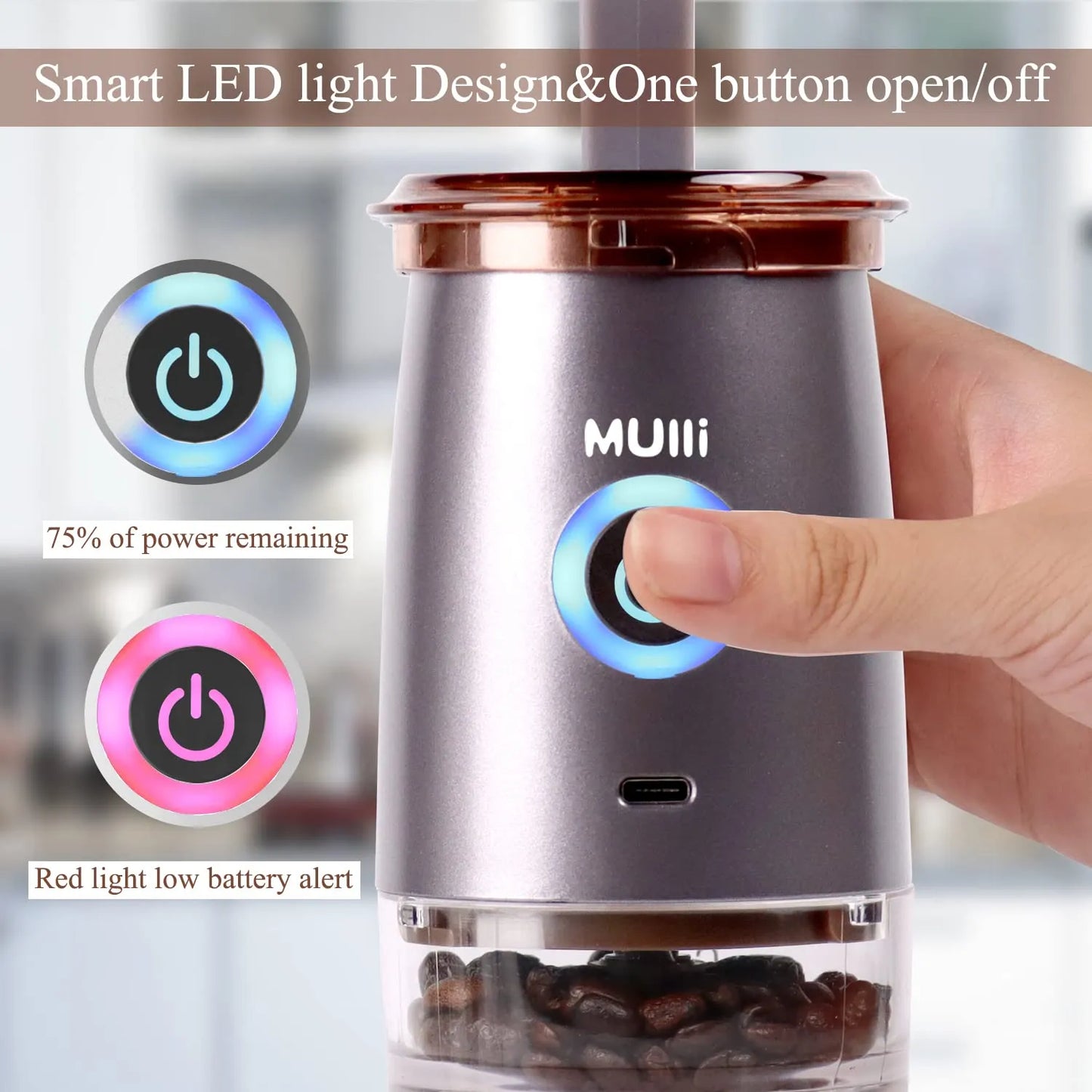 Molinillo De Café Portátil Eléctrico Con Rebabas 5 Ajustes Molienda USB Y Manual
