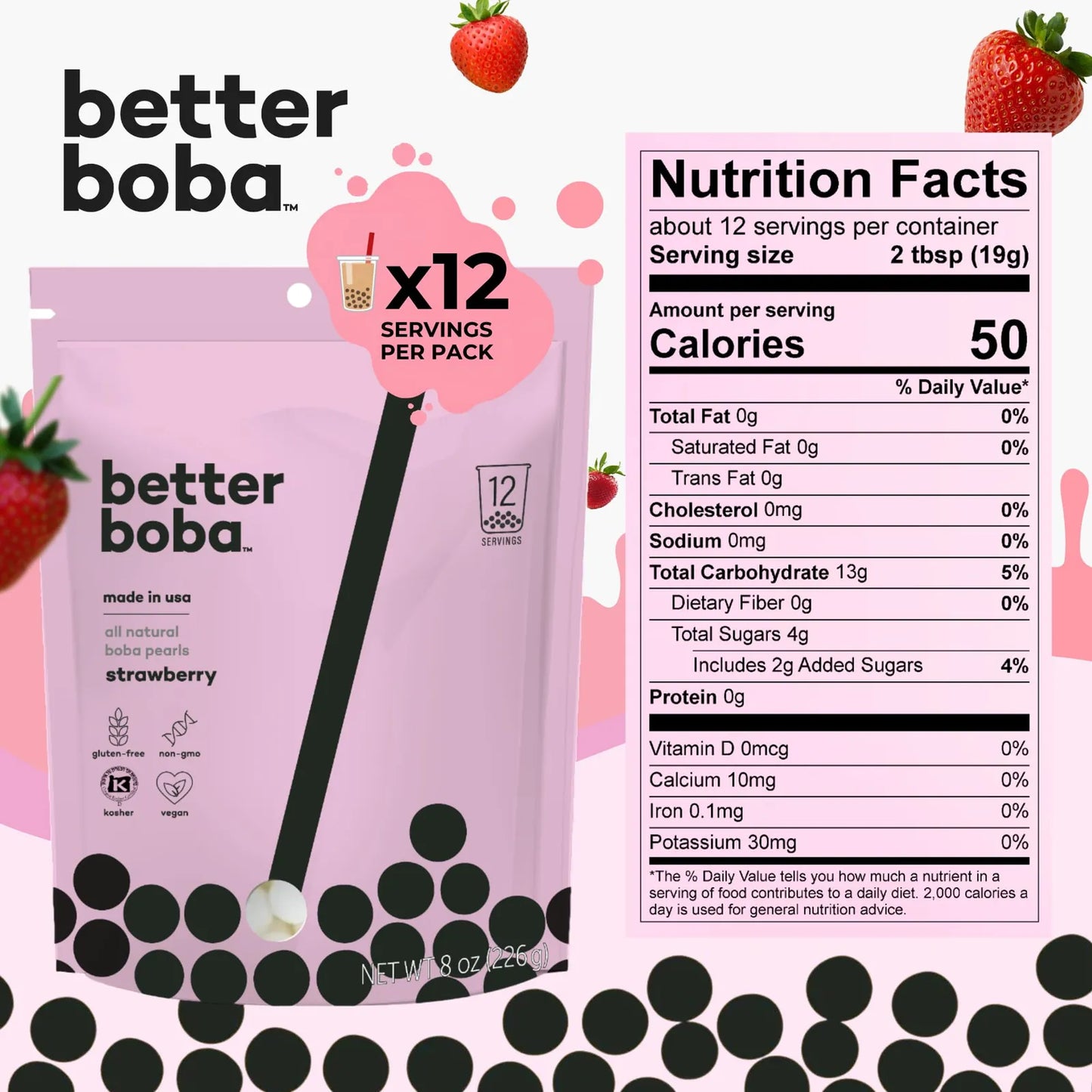 Perlas De Fresa Boba Naturales Veganas Sin Gluten 8 Onzas 12 Porciones