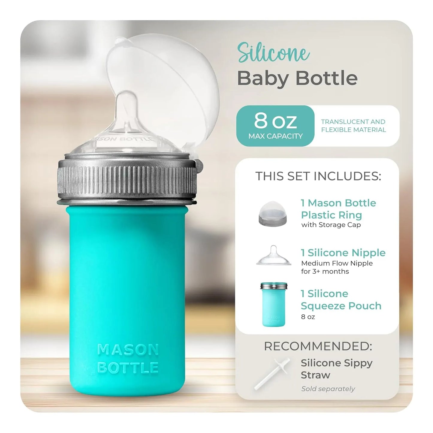 Biberón De Silicona Mason Bottle Pezón Similar Al Pecho Flujo Medio Sin BPA