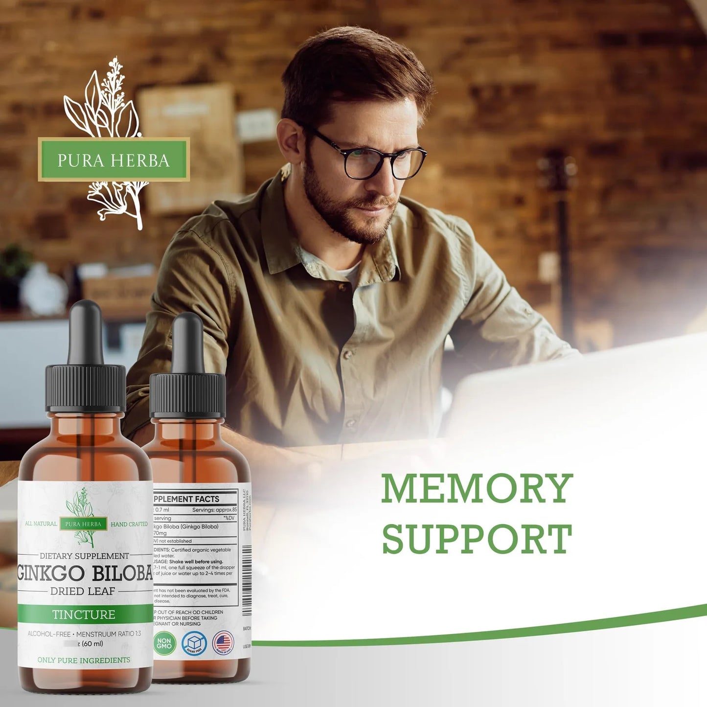 Extracto Líquido De Ginkgo Biloba 60ml Soporte Cerebral y Memoria Vegano Sin Alcohol