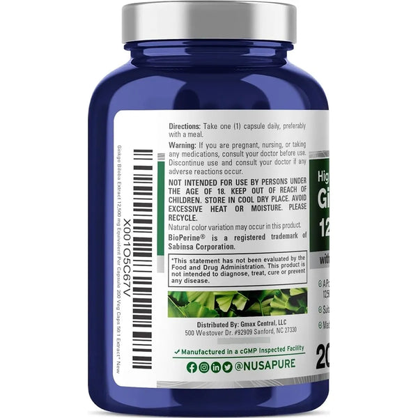 Extracto De Ginkgo Biloba Vegetal 200 Cápsulas Nusapure - Imagen 1